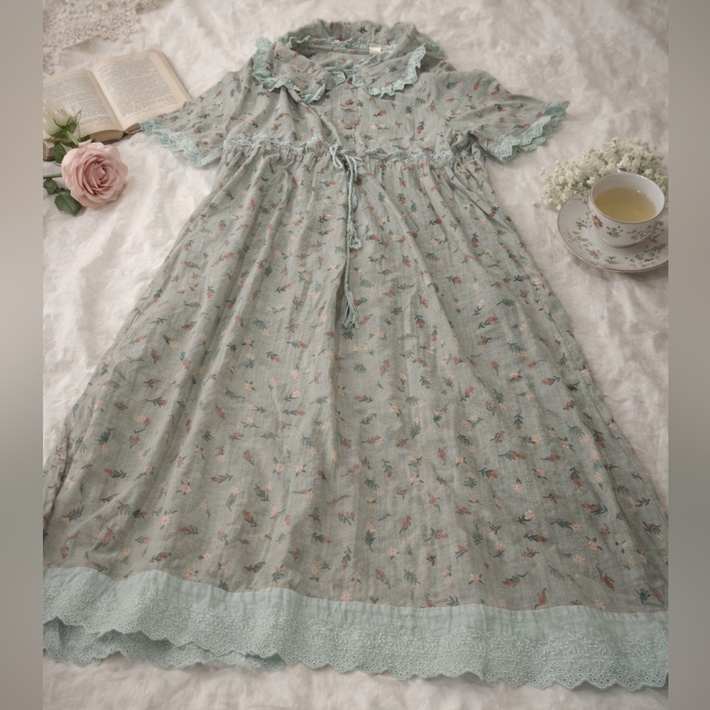 Floral Cottagecore Midi Dress Lace Trim Tie Waist Sage Green M